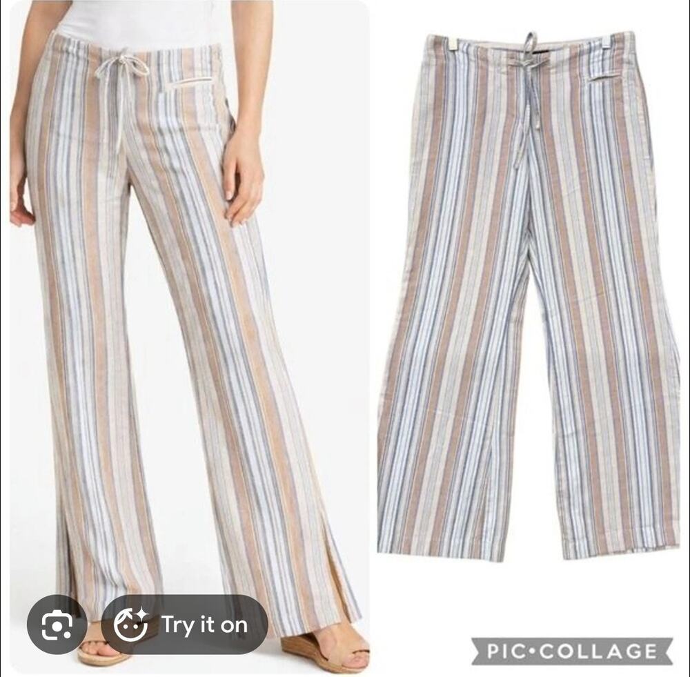 Express Vintage Y2K Striped Linen Blend Low Rise Flare Pants Size 7/8 Coastal